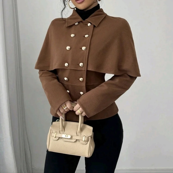 Collared Double Breasted Fitted Cape Jacket - Picture 5 of 6